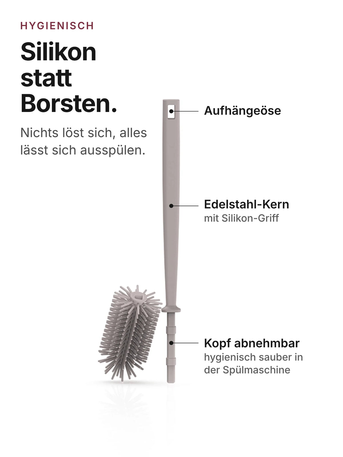spottle Flaschenbürste aus Silikon, 32 cm, mit Aufhängeöse, Edelstahl-Kern und abnehmbarem Bürstenkopf, Nude grey.