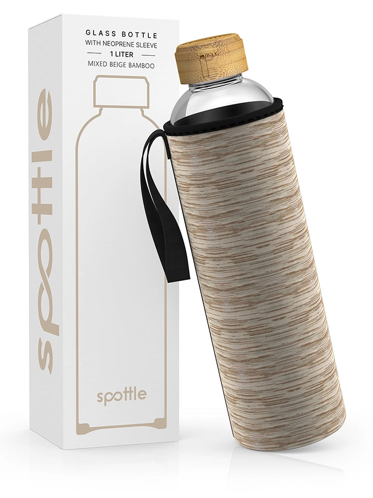 Trinkflasche Glas mit Neoprenhülle & Bambusdeckel – 1 Liter