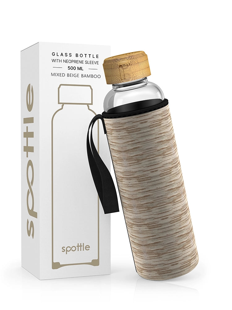 Trinkflasche Glas mit Neoprenhülle & Bambusdeckel – 500 ml