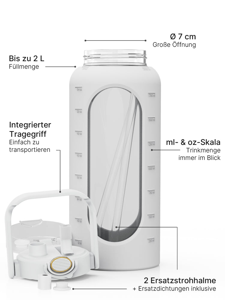 2-Liter-Glas-Trinkflasche in Grau mit Silikonhülle, Strohhalmdeckel, Tragegriff, ml- und oz-Skala sowie Ersatzzubehör.