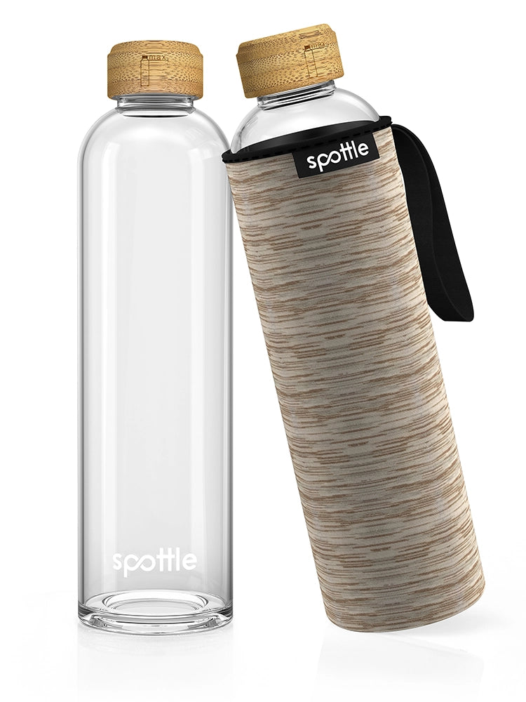 Trinkflasche Glas mit Neoprenhülle & Bambusdeckel – 1 Liter