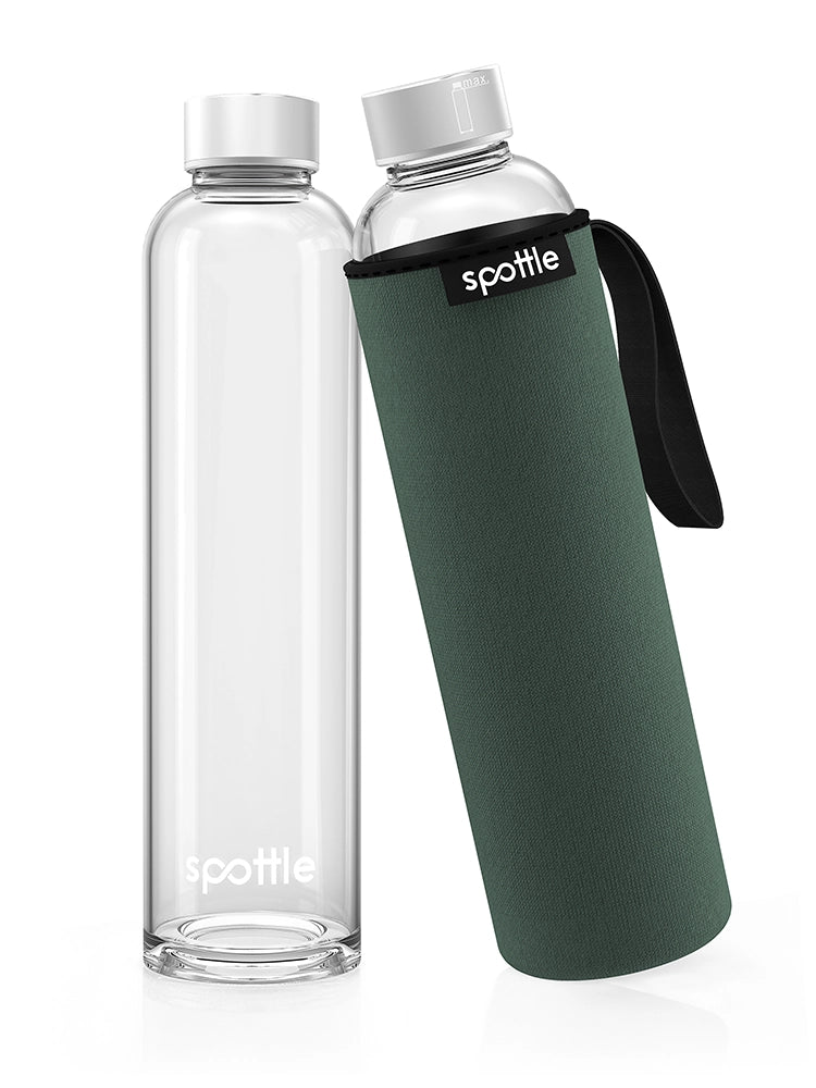 spottle 750-ml-Glasflasche mit grüner Neoprenhülle und schwarzer Trageschlaufe