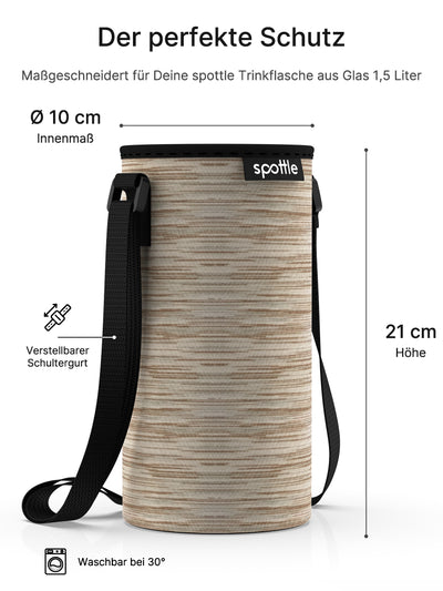 Beige Flaschenhülle mit verstellbarem Schultergurt für die spottle Glasflasche 1,5 Liter, mit Maßangaben.