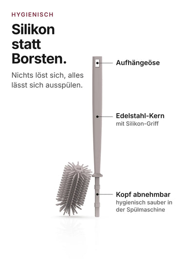 spottle Flaschenbürste aus Silikon, 32 cm, mit Aufhängeöse, Edelstahl-Kern und abnehmbarem Bürstenkopf, Nude grey.