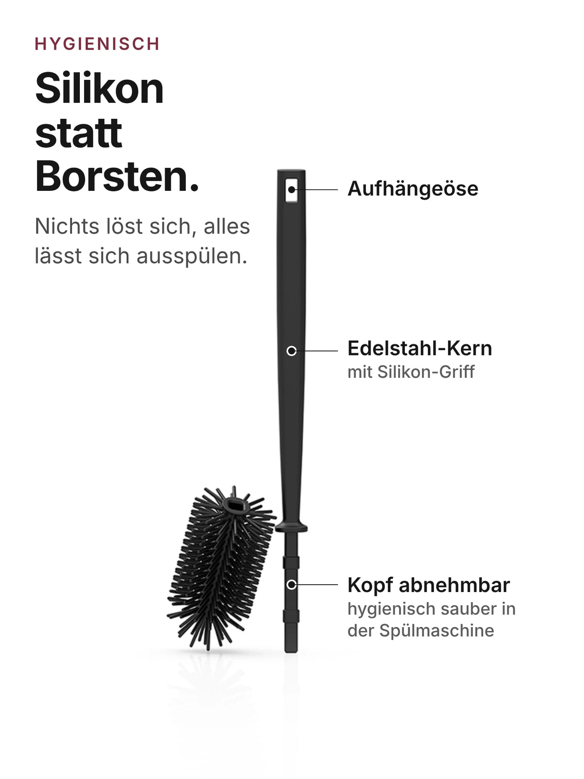 spottle Flaschenbürste aus Silikon, 32 cm, mit Aufhängeöse, Edelstahl-Kern und abnehmbarem Bürstenkopf, Schwarz.