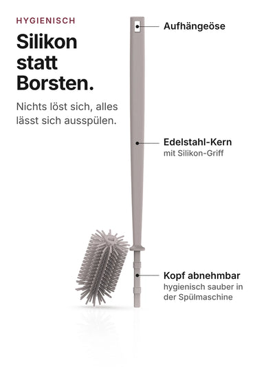 spottle Flaschenbürste aus Silikon, 42 cm, mit Aufhängeöse, Edelstahl-Kern und abnehmbarem Bürstenkopf, Nude grey.