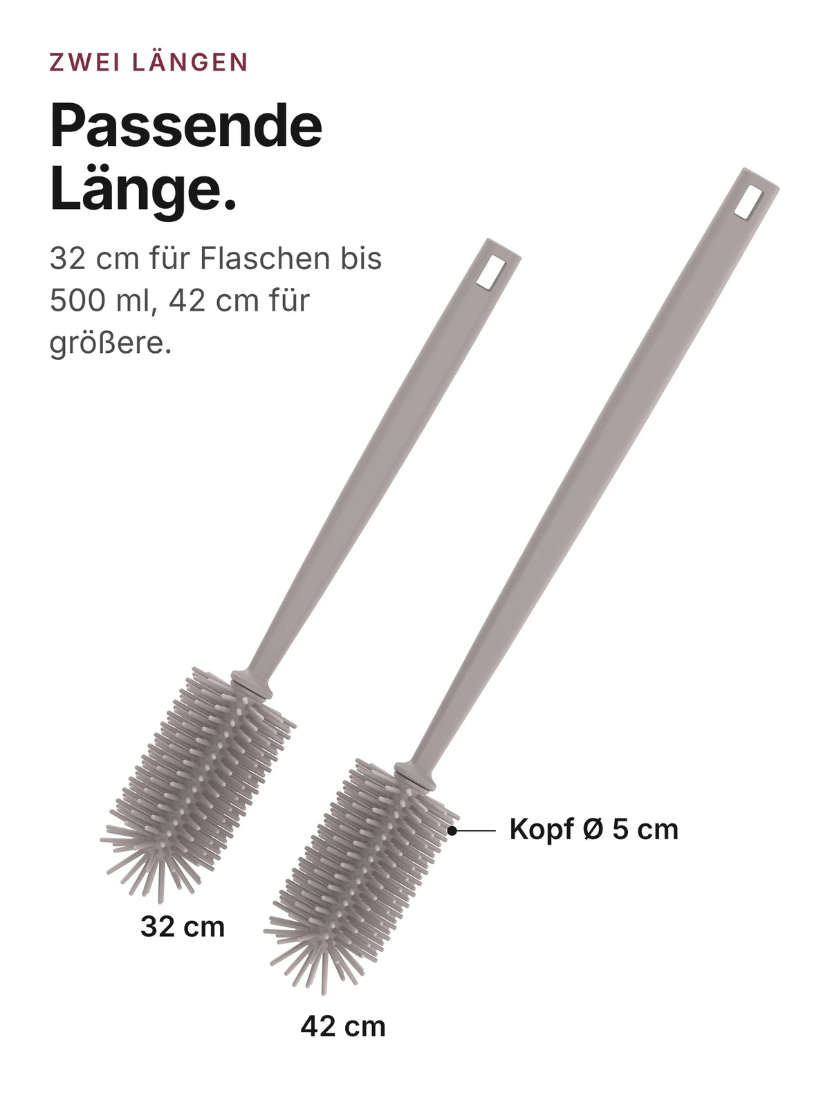 spottle Flaschenbürsten aus Silikon in 32 cm und 42 cm, Bürstenkopf Ø 5 cm, Nude grey.