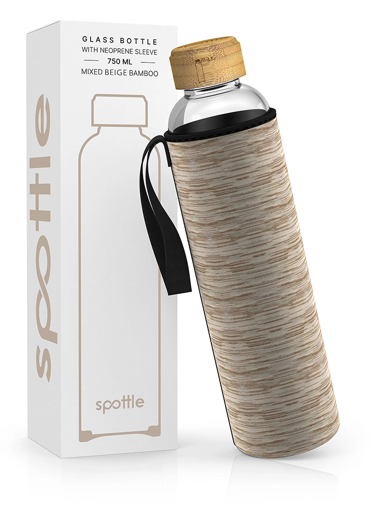 Trinkflasche Glas mit Neoprenhülle & Bambusdeckel – 750 ml