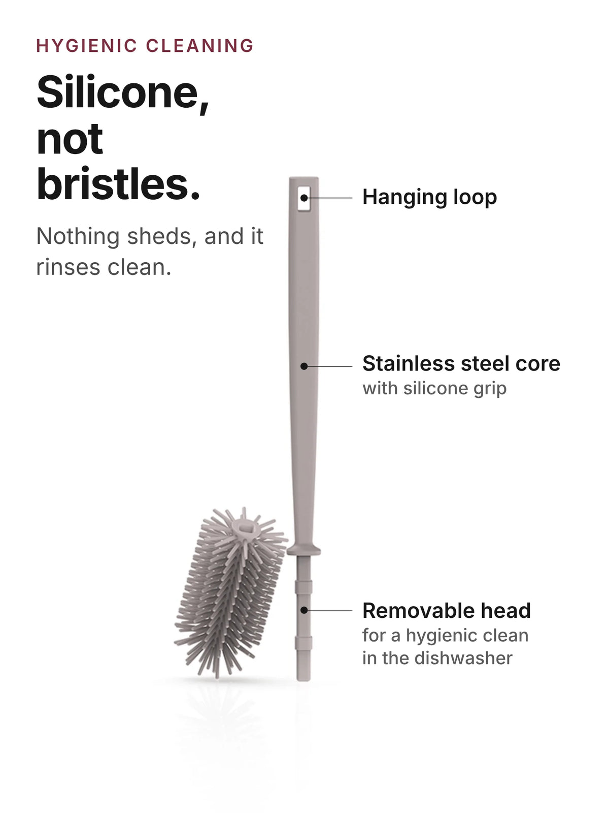 spottle silicone bottle brush, 12.6 in, with hanging loop, stainless steel core and removable brush head, nude grey.