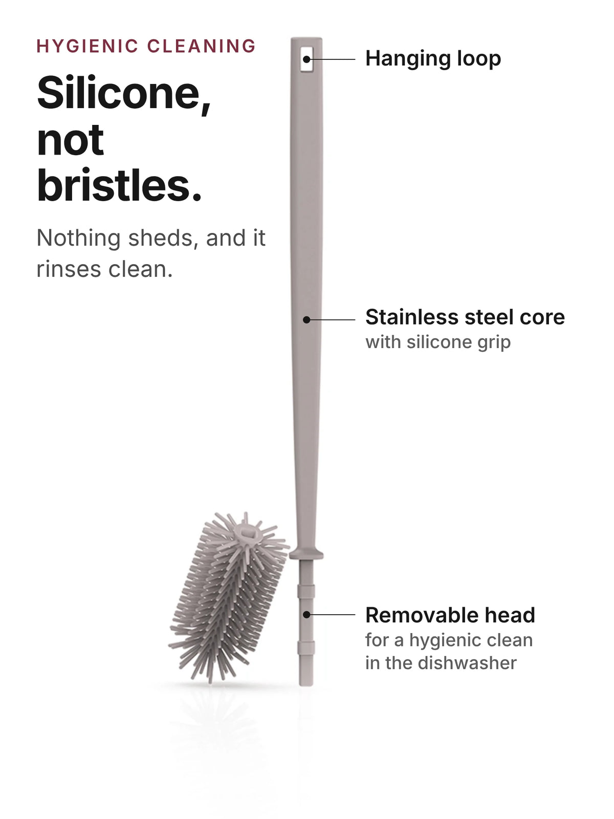 spottle silicone bottle brush, 16.5 in, with hanging loop, stainless steel core and removable brush head, nude grey.