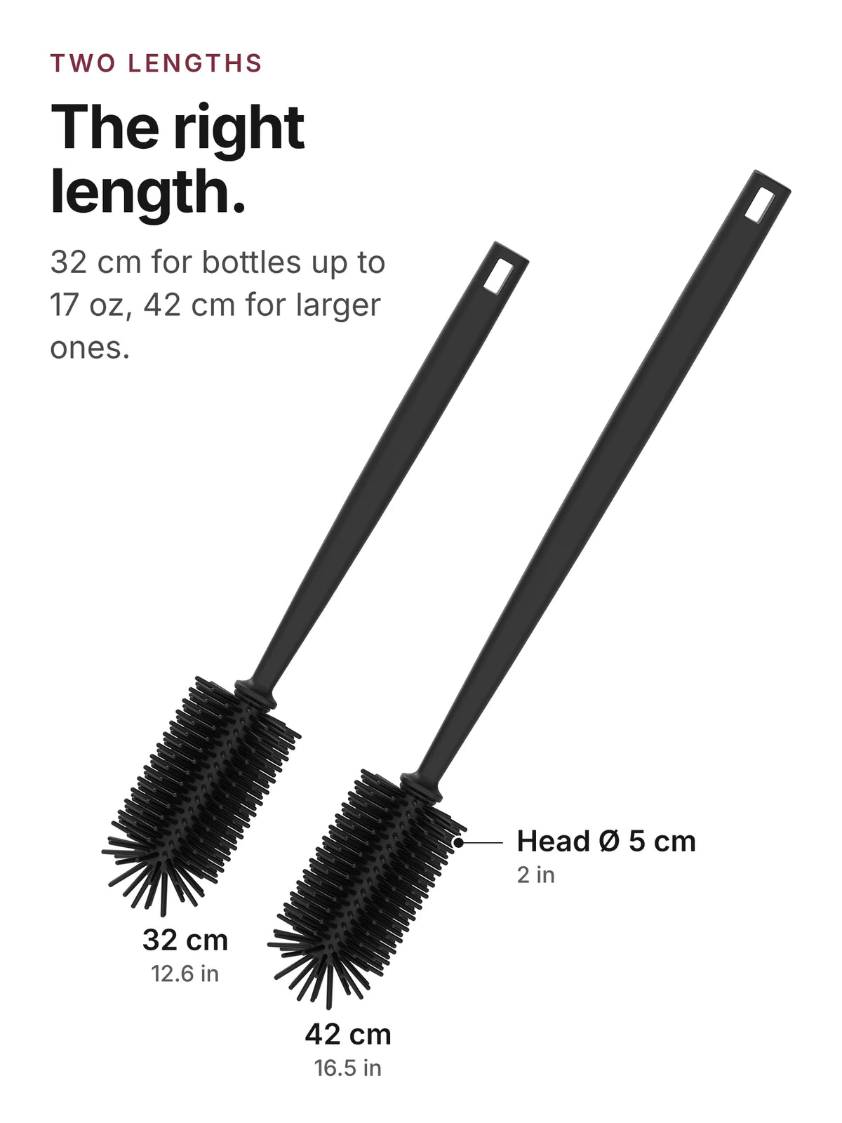 spottle silicone bottle brushes in 12.6 in and 16.5 in, 2 in brush head, black.