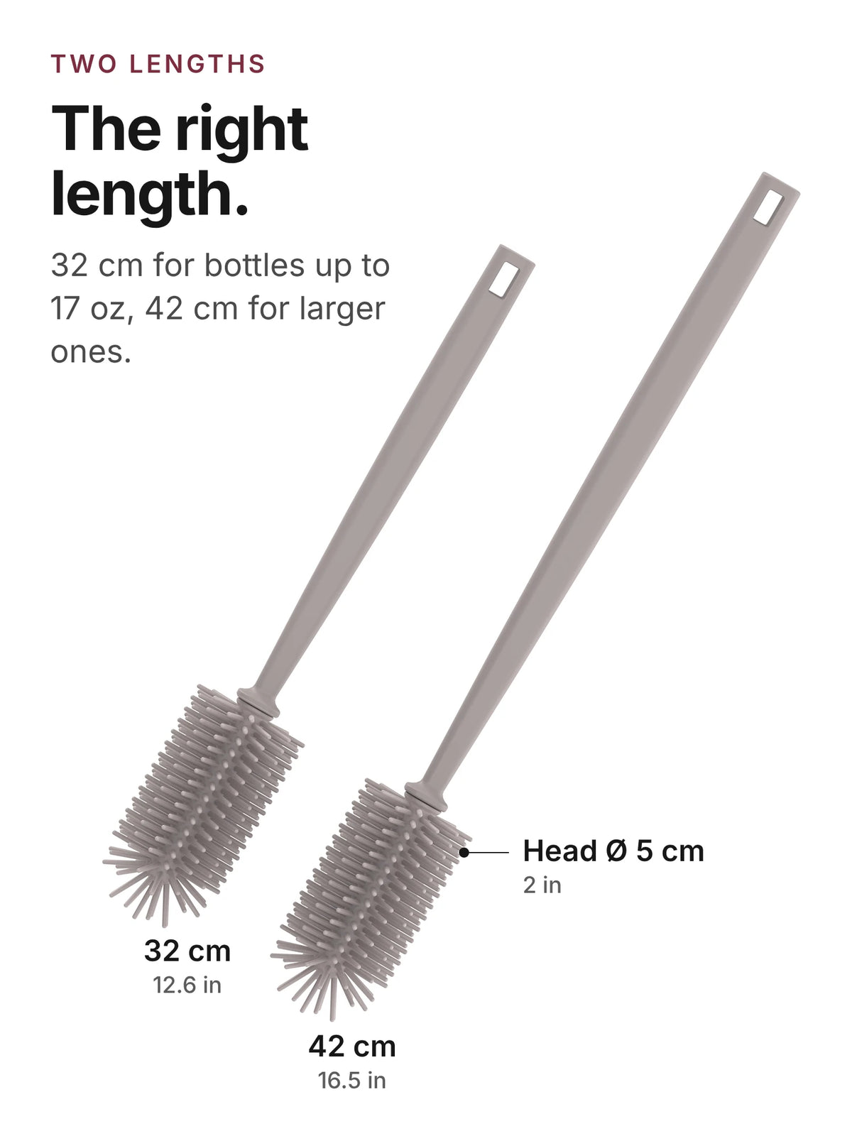 spottle silicone bottle brushes in 12.6 in and 16.5 in, 2 in brush head, nude grey.