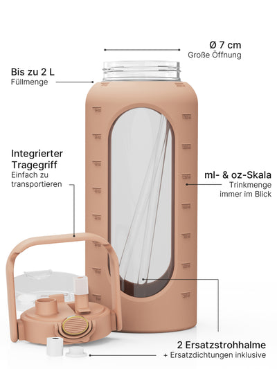 2-Liter-Glas-Trinkflasche in Braun mit Silikonhülle, Strohhalmdeckel, Tragegriff, ml- und oz-Skala sowie Ersatzzubehör