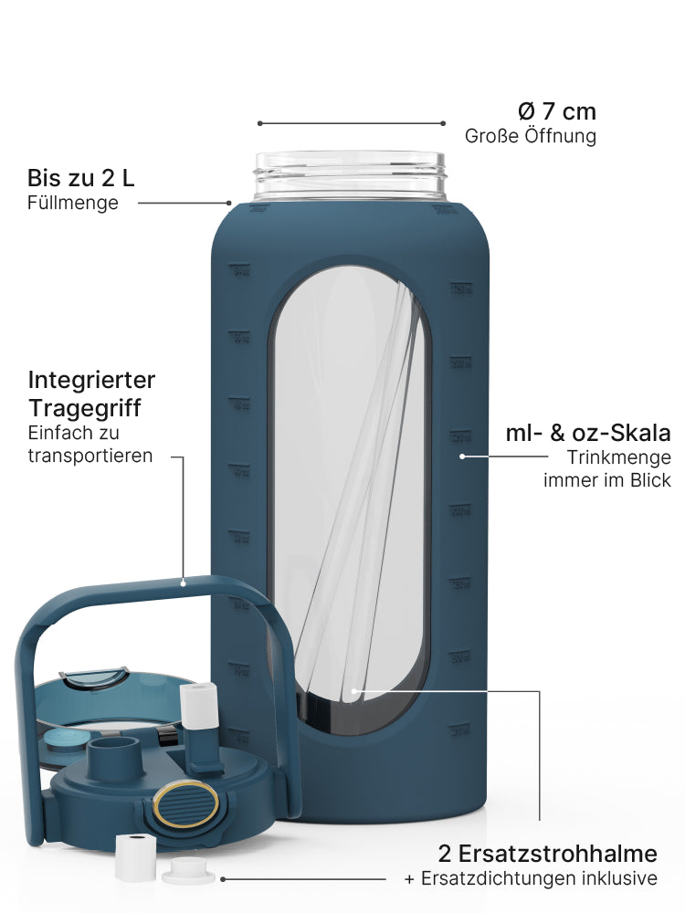 2-Liter-Glas-Trinkflasche in Petrol mit Silikonhülle, Strohhalmdeckel, Tragegriff, ml- und oz-Skala sowie Ersatzzubehör.